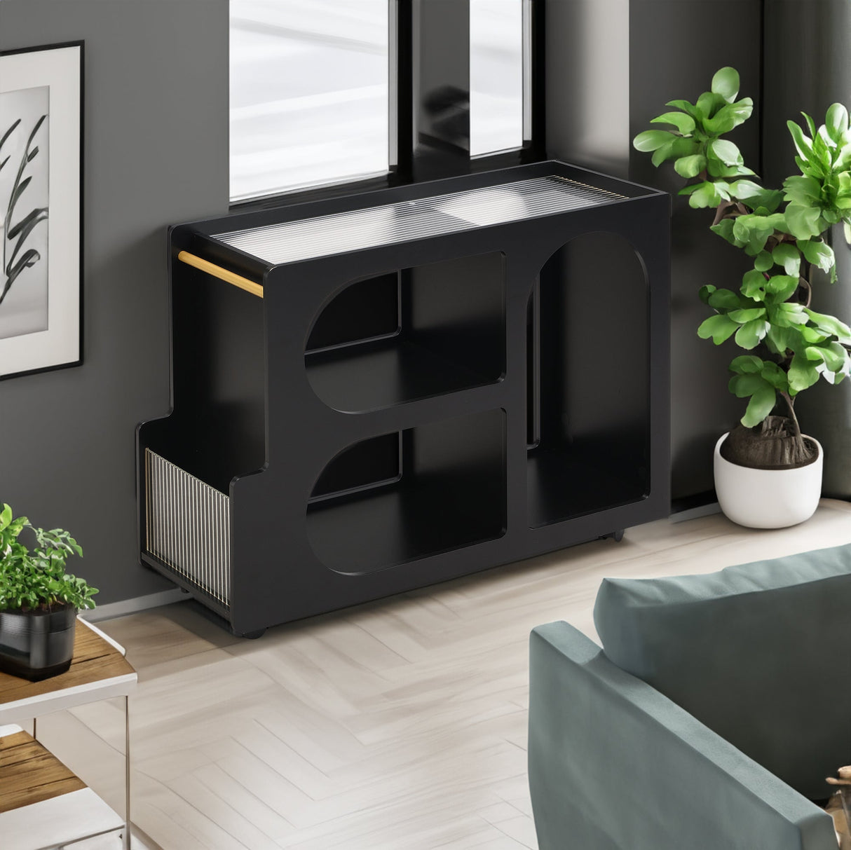 Stylish mobile desk with lockable wheels,bedside table with 5mm thick grooved tempered glass and gold round bars ,black Julia M Home & Kitchen