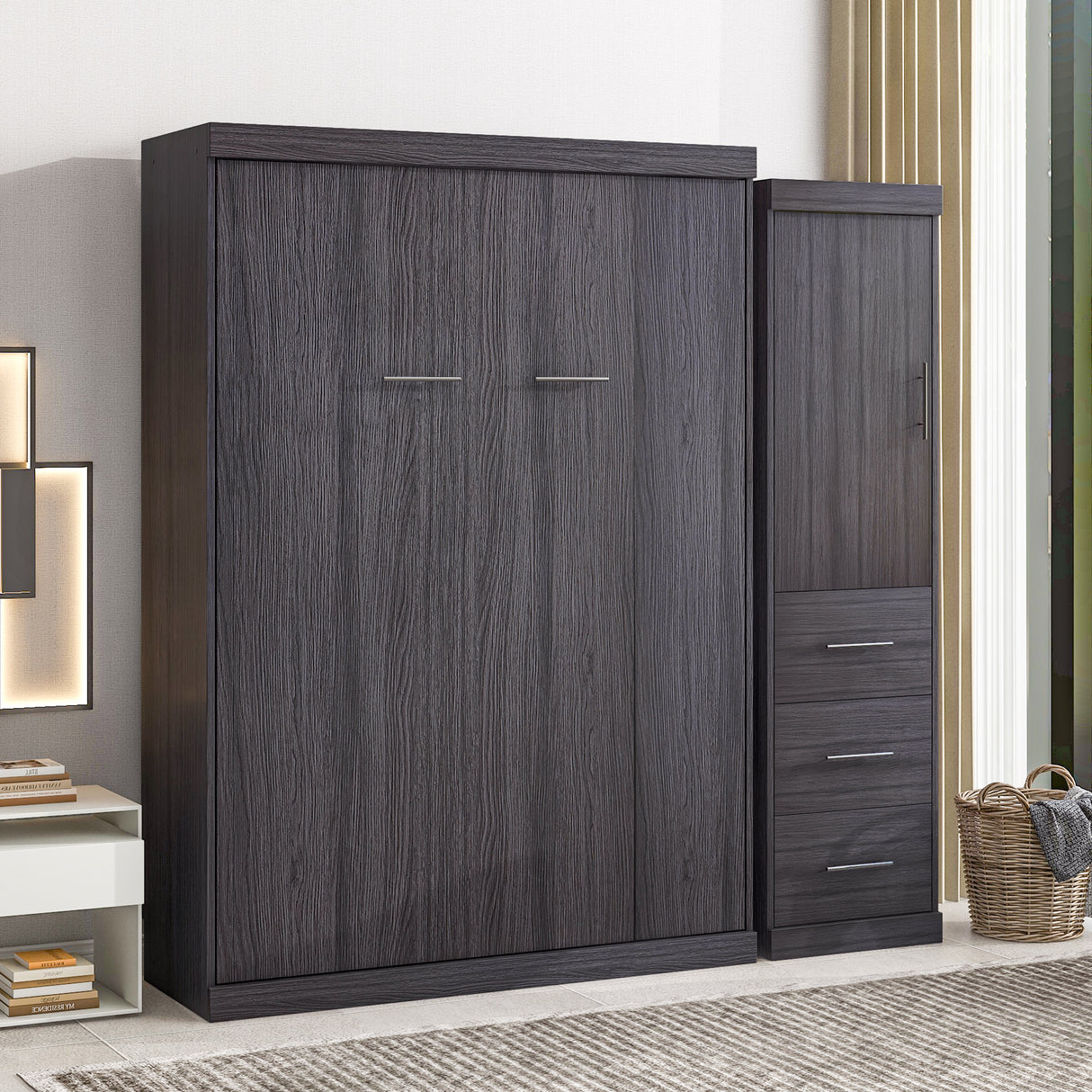 Full Size Murphy Bed with Wardrobe and Drawers, Storage Bed, can be Folded into a Cabinet, Gray - Julia M LifeStyles