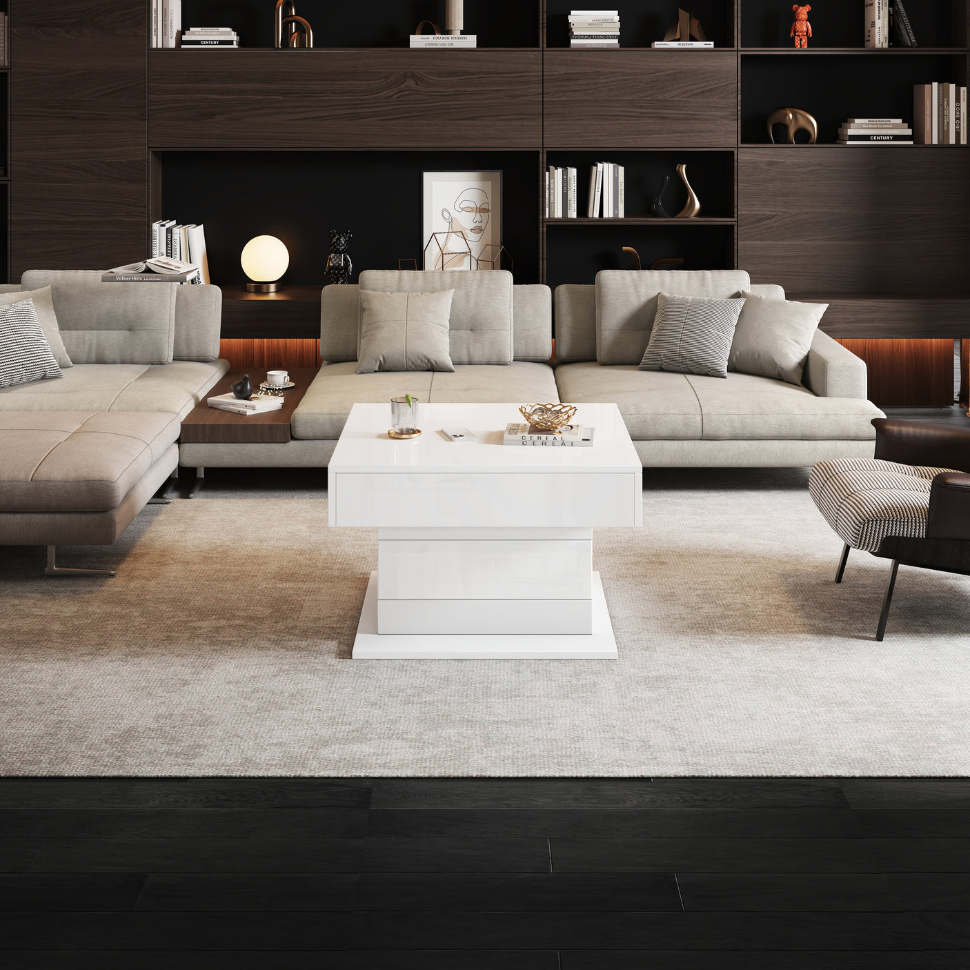 360 Rotating Coffee Table - Highgloss Lift-Top Centre Table with Drawers