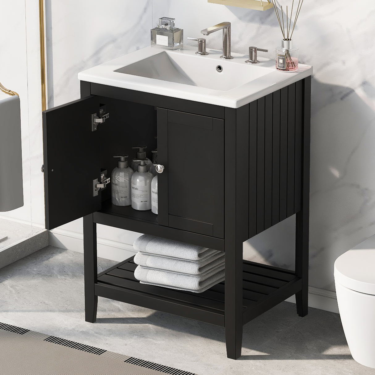 24" Black Modern Sleek Bathroom Vanity Elegant Ceramic Sink with Solid Wood Frame Open Style Shelf - Julia M LifeStyles
