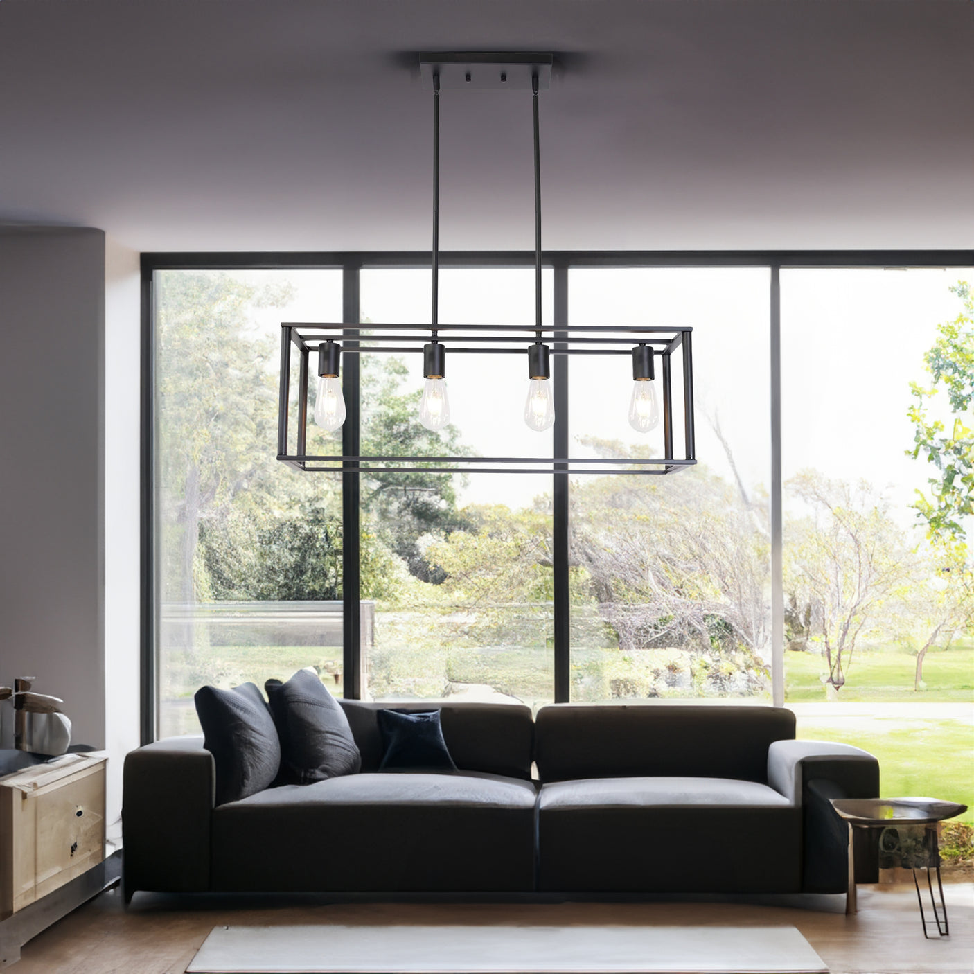 Pendant Lighting 4 Light Industrial Vintage Open Frame Rectangle Chandeliers Modern Black Linear Cage Ceiling Light Fixture - Julia M LifeStyles