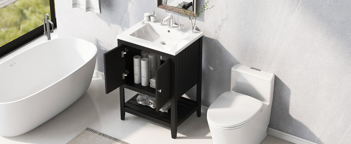 24" Black Modern Sleek Bathroom Vanity Elegant Ceramic Sink with Solid Wood Frame Open Style Shelf Julia M Home & Kitchen