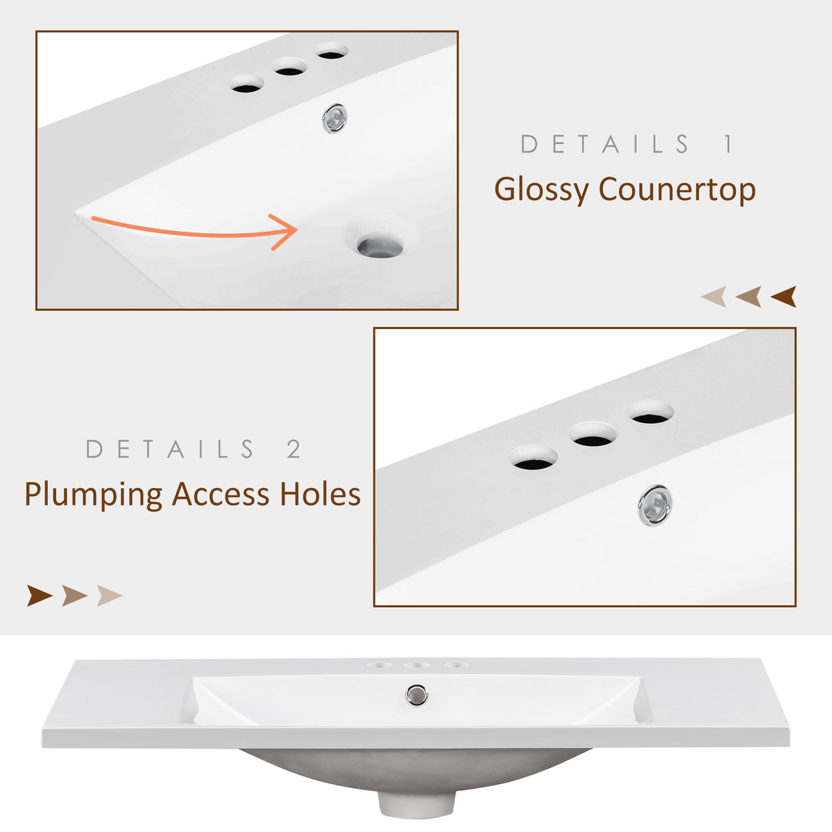 36" Single Bathroom Basin Sink, Vanity Top Only, 3-Faucet Holes, Resin - Julia M LifeStyles