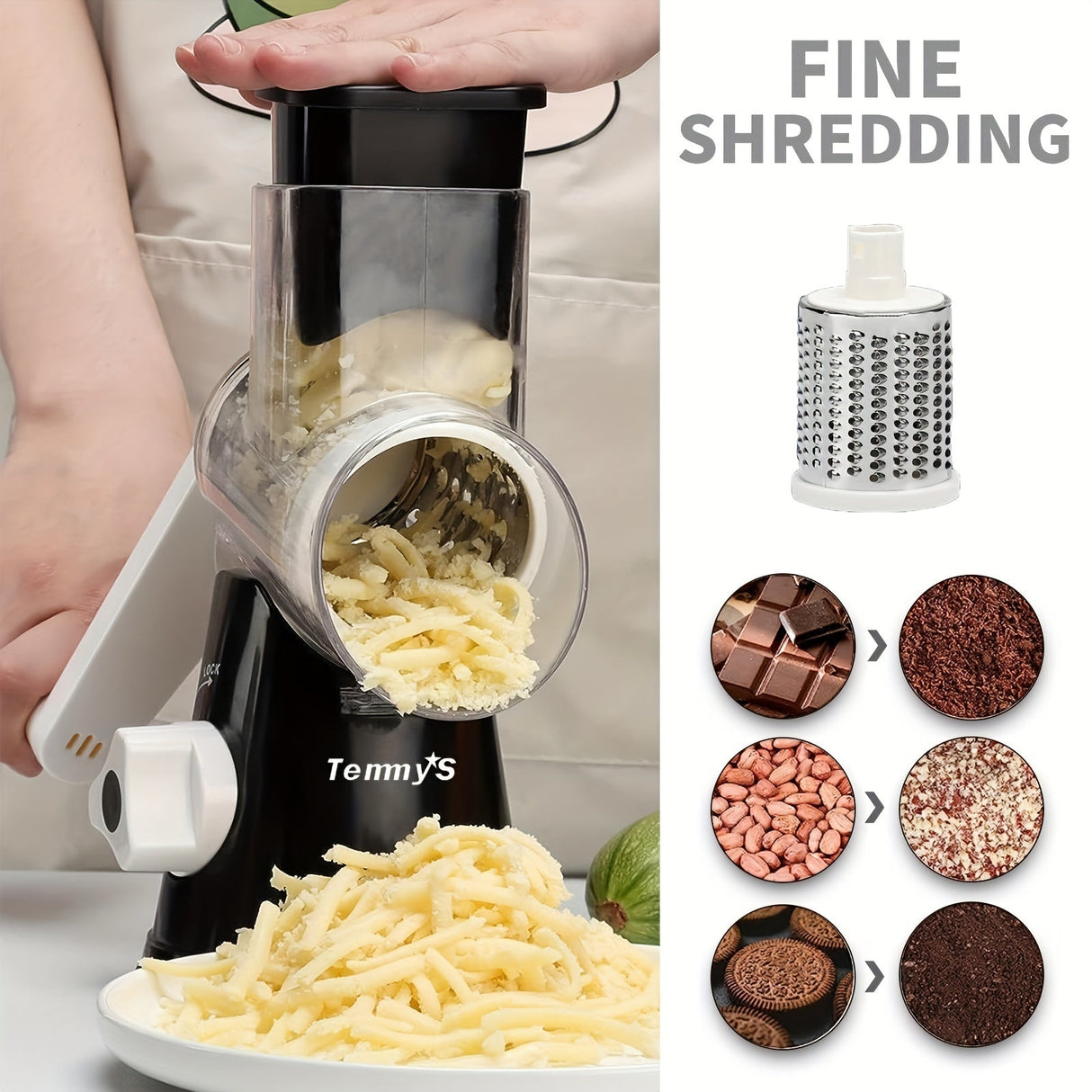 Rotary Cheese Grater and Vegetable Slicer - Kitchen Mandoline with 3 Interchangeable Blades, Easy-to-Clean for Fruits, Potatoes, Carrots, Nuts Julia M LifeStyles