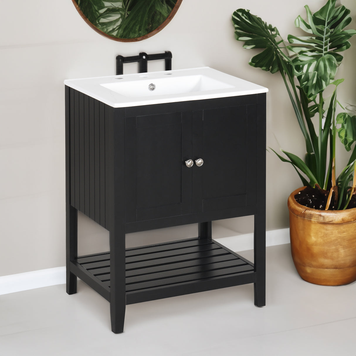 24" Black Modern Sleek Bathroom Vanity Elegant Ceramic Sink with Solid Wood Frame Open Style Shelf - Julia M LifeStyles