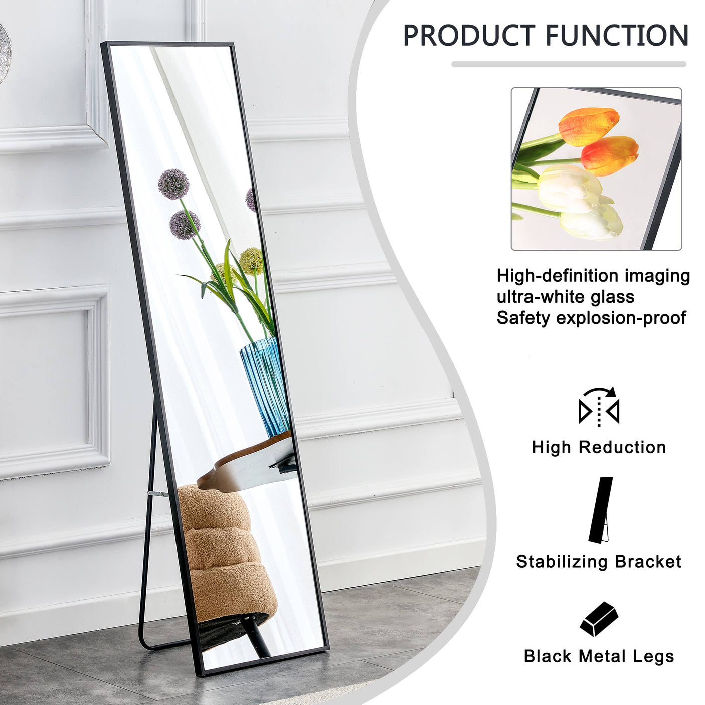 Aluminum Alloy Metal Frame Wall-Mounted Full-Length Mirror Black 65 x 23"
