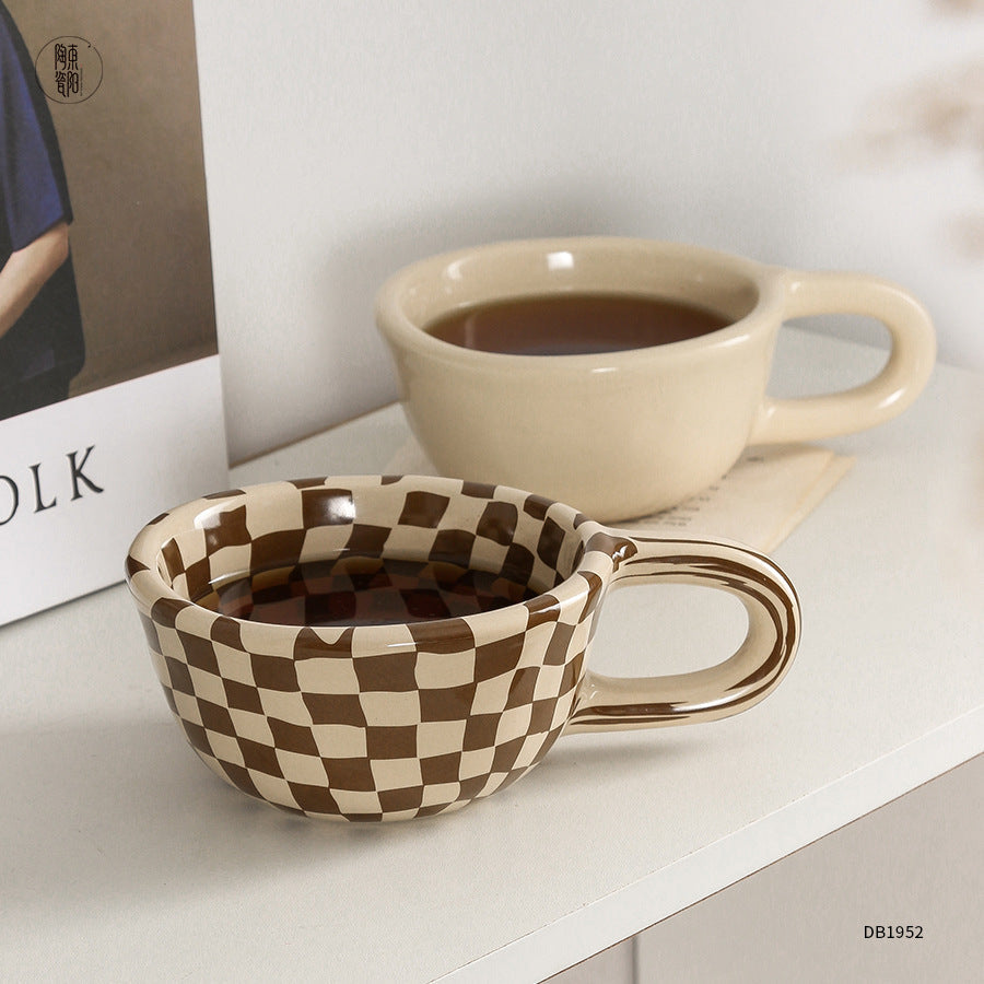 A 300ml ceramic retro couple checkerboard grid small capacity milk white wind mug coffee cups Julia M Home & Kitchen