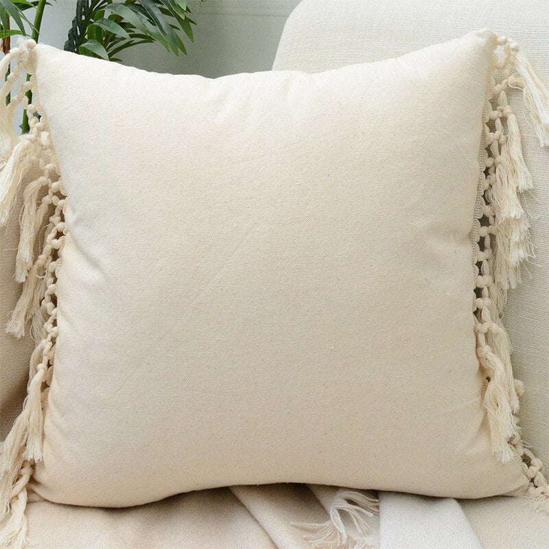 Tassels Cushion Cover 45x45cm - Beige and White Boho Decor - Julia M LifeStyles