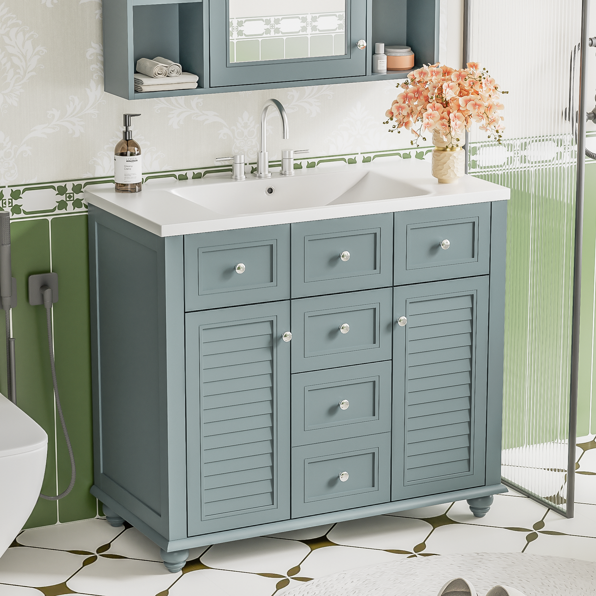 36 "bathroom makeup cabinet with resin sink combination and 2 drawers, with soft closing door, blue color eprolo