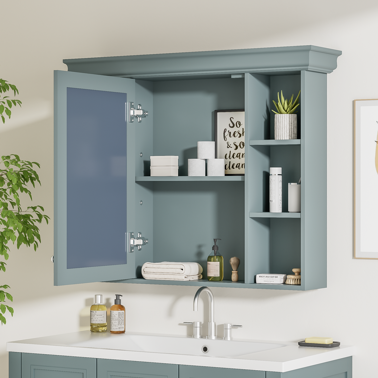 35 ''x 28' 'blue wall mounted bathroom storage cabinet with mirror door and medication cabinet with 6 open shelves Julia M Home & Kitchen