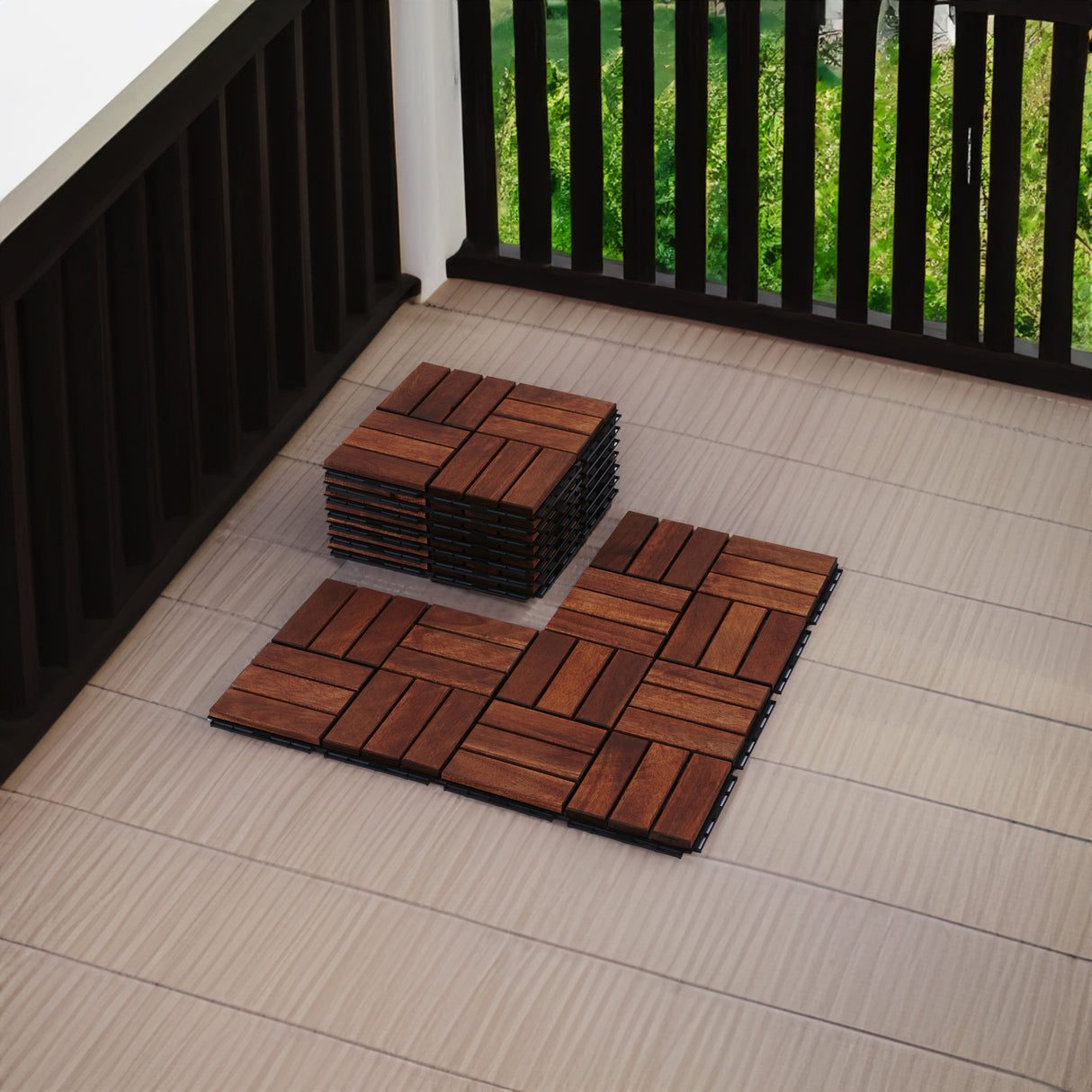 Acacia interlocking deck tile grid pattern, 10 pieces of 12 inch x 12 inch square brown Acacia hardwood outdoor flooring - Julia M LifeStyles