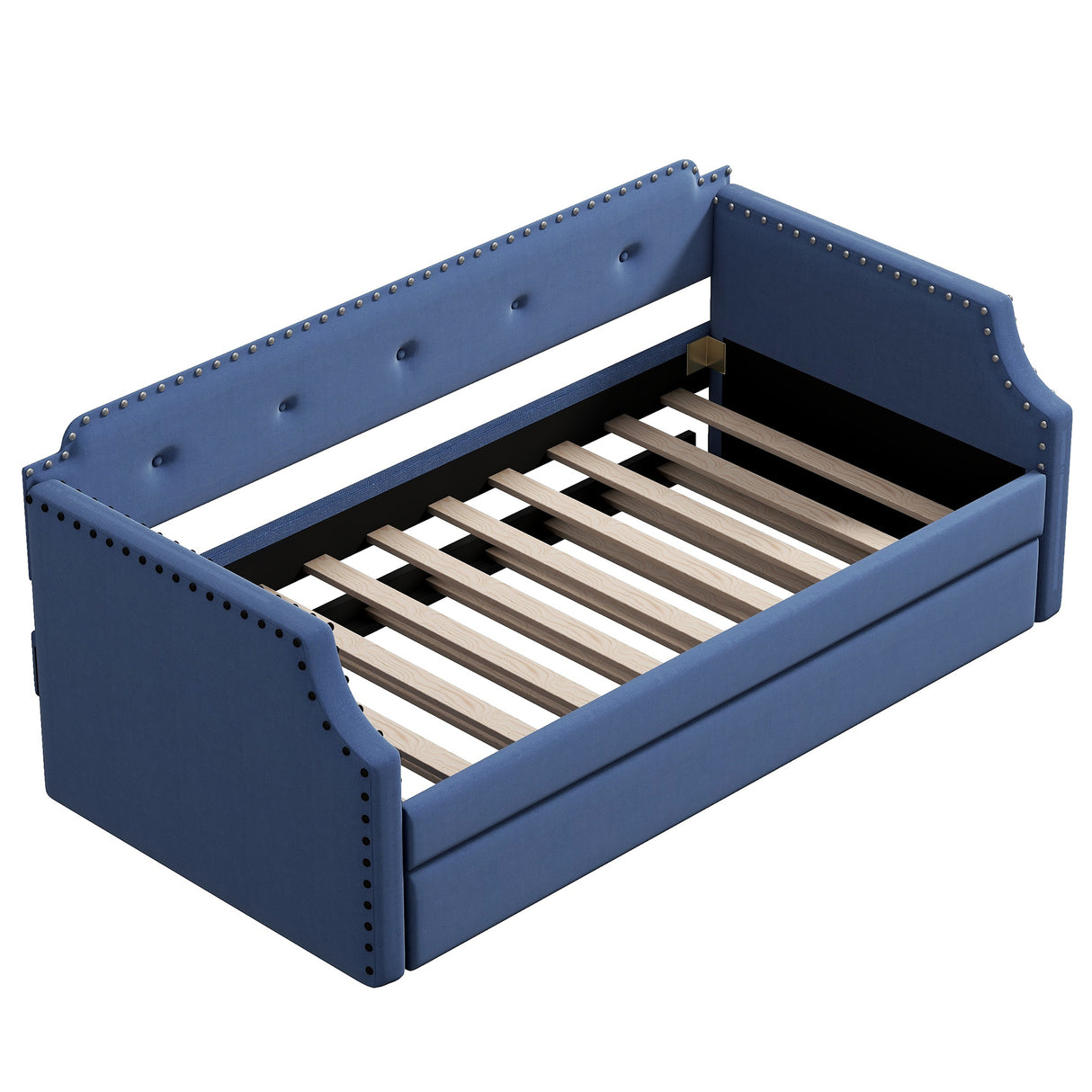 Upholstered Daybed with Trundle, Wood Slat Support,Upholstered Frame Sofa Bed Twin Blue - Julia M LifeStyles