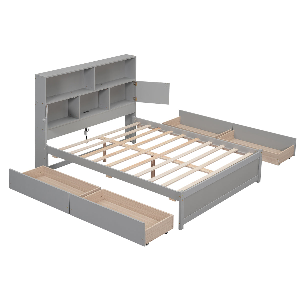 Full Size Platform Bed with Storage Headboard, Charging Station and 4 Drawers, Gray - Julia M LifeStyles