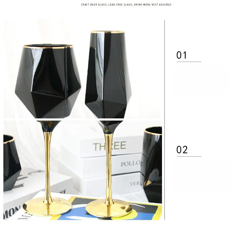 Pure Black Crystal Golden Edge Wine Glass Goblet Light Luxury Irregular Model Room Special Champagne Cup Whiskey Beer Glasses