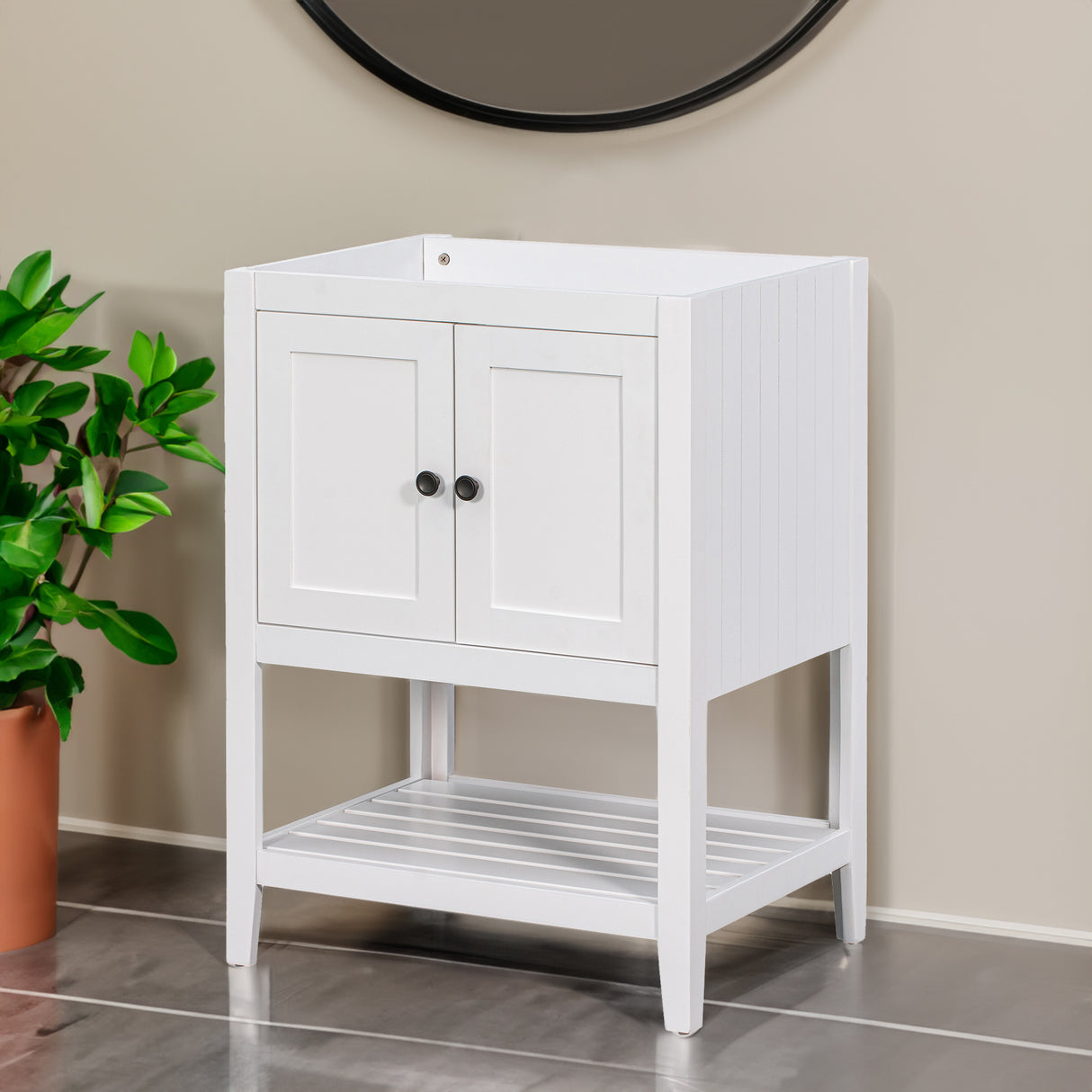 24" Bathroom Vanity Base Only, Soild Wood Frame, Bathroom Storage Cabinet with Doors and Open Shelf, White - Julia M LifeStyles