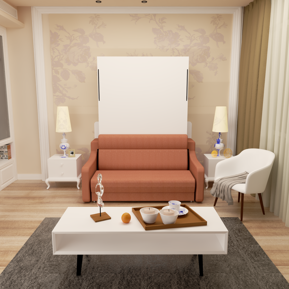 Full size Morden Deisgn vertical Murphy bed with sofa and drawers, white wall bed, space saving hidden bed with new gas pillars eprolo