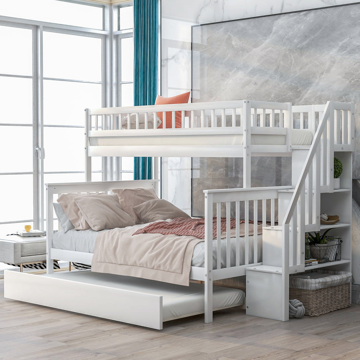 Twin over Full Bunk Bed with Trundle and Staircase White - Julia M LifeStyles