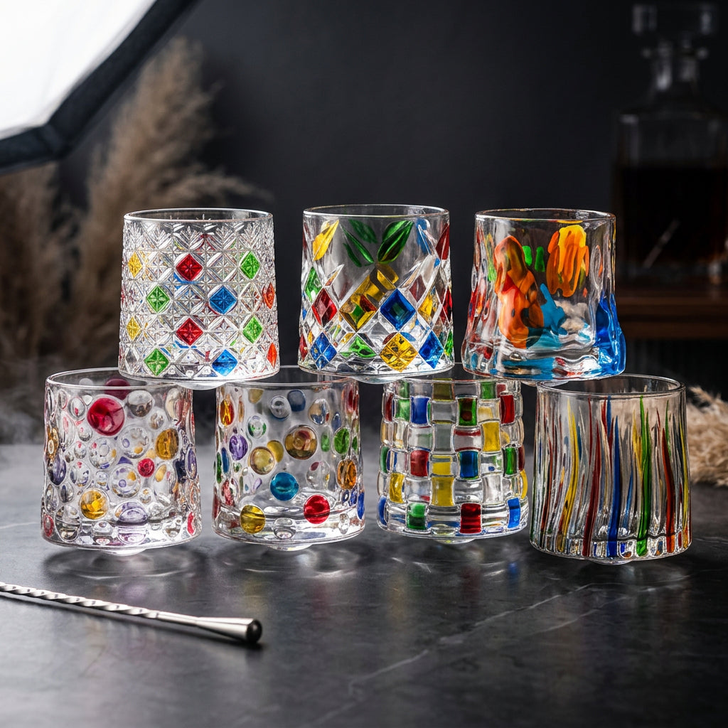 Hand drawn rotating glass cups multiple multi-purpose whiskey glasses rotating glass cups Julia M Home & Kitchen
