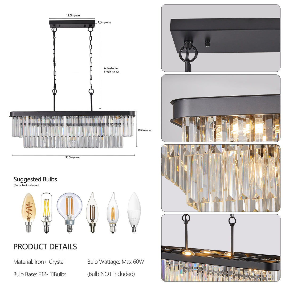 Rectangular Adjustable Crystal Chandelier - Modern Industrial E12 Lighting Julia M Home & Kitchen