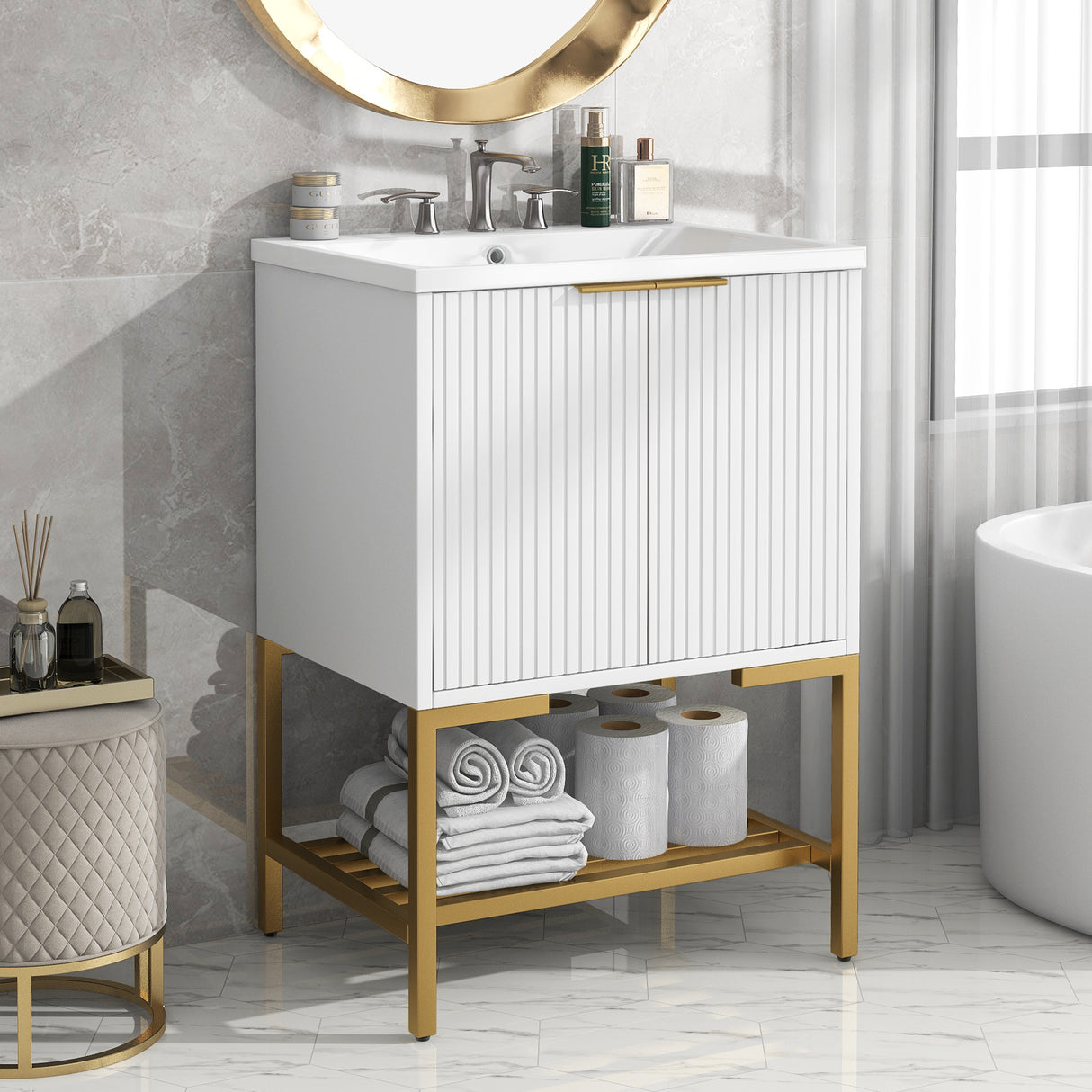24" Bathroom Vanity with Sink, Bathroom Vanity Cabinet with Two Doors and Gold Metal Frame, Open Storage Shelf, White - Julia M LifeStyles