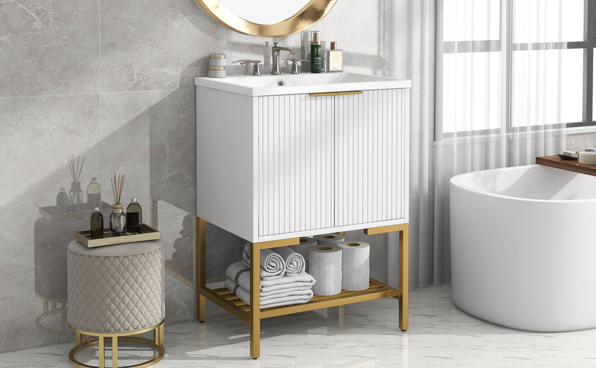 24" Bathroom Vanity with Sink, Bathroom Vanity Cabinet with Two Doors and Gold Metal Frame, Open Storage Shelf, White - Julia M LifeStyles