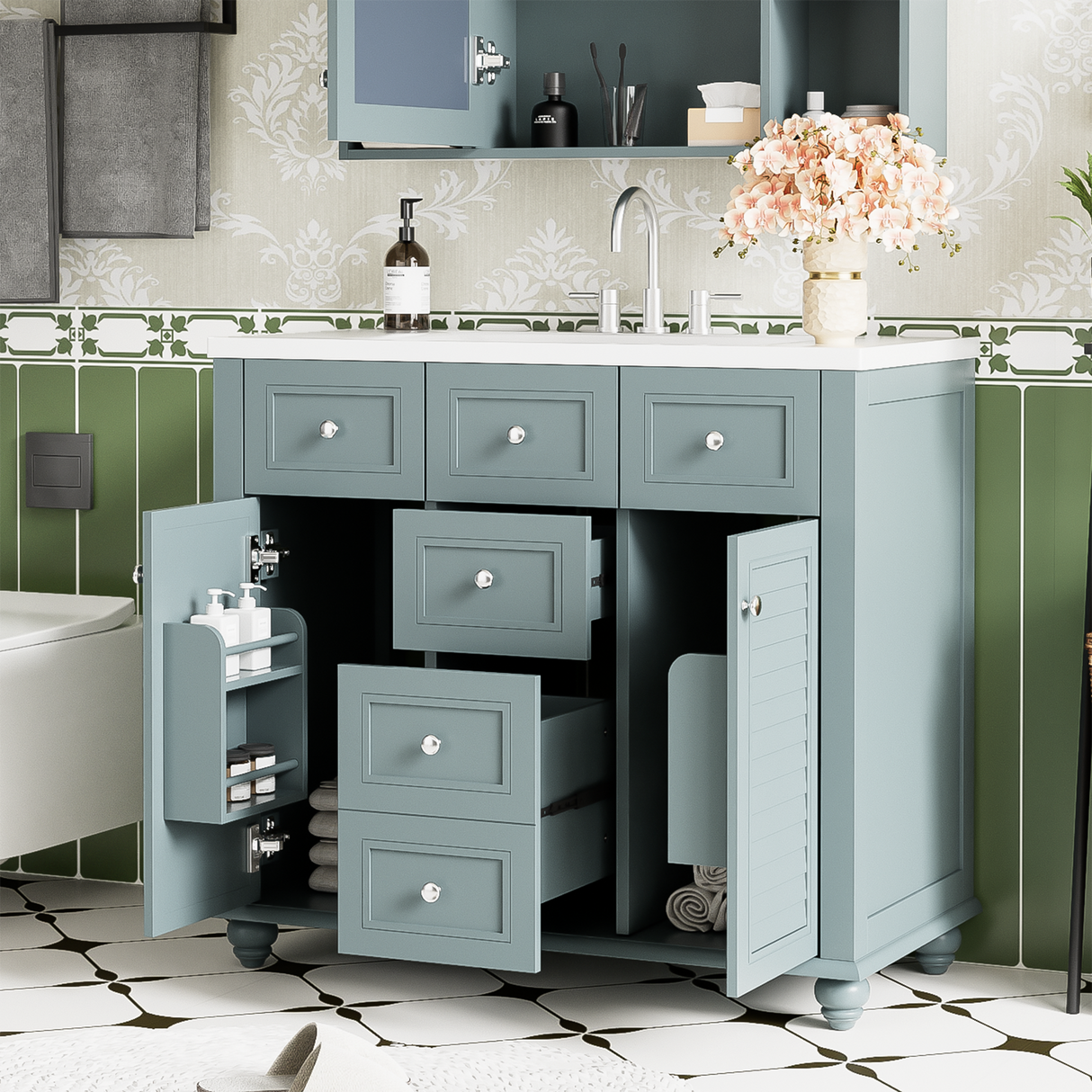 36 "bathroom makeup cabinet with resin sink combination and 2 drawers, with soft closing door, blue color eprolo