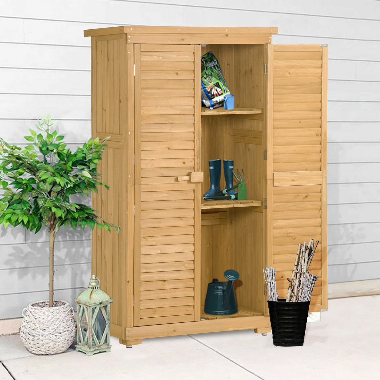 Wooden Garden Shed 3-tier Patio Storage Cabinet Outdoor Organizer Wooden Lockers with Wood (Natural Wood Color -Shutter Design) - Julia M LifeStyles