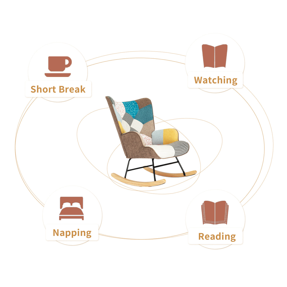 Rocking Chair with ottoman, Mid Century Fabric Rocker Chair with Wood Legs and Patchwork Linen for Livingroom Bedroom - Julia M LifeStyles