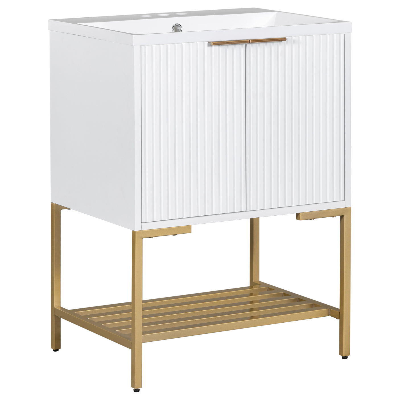 24" Bathroom Vanity with Sink, Bathroom Vanity Cabinet with Two Doors and Gold Metal Frame, Open Storage Shelf, White - Julia M LifeStyles