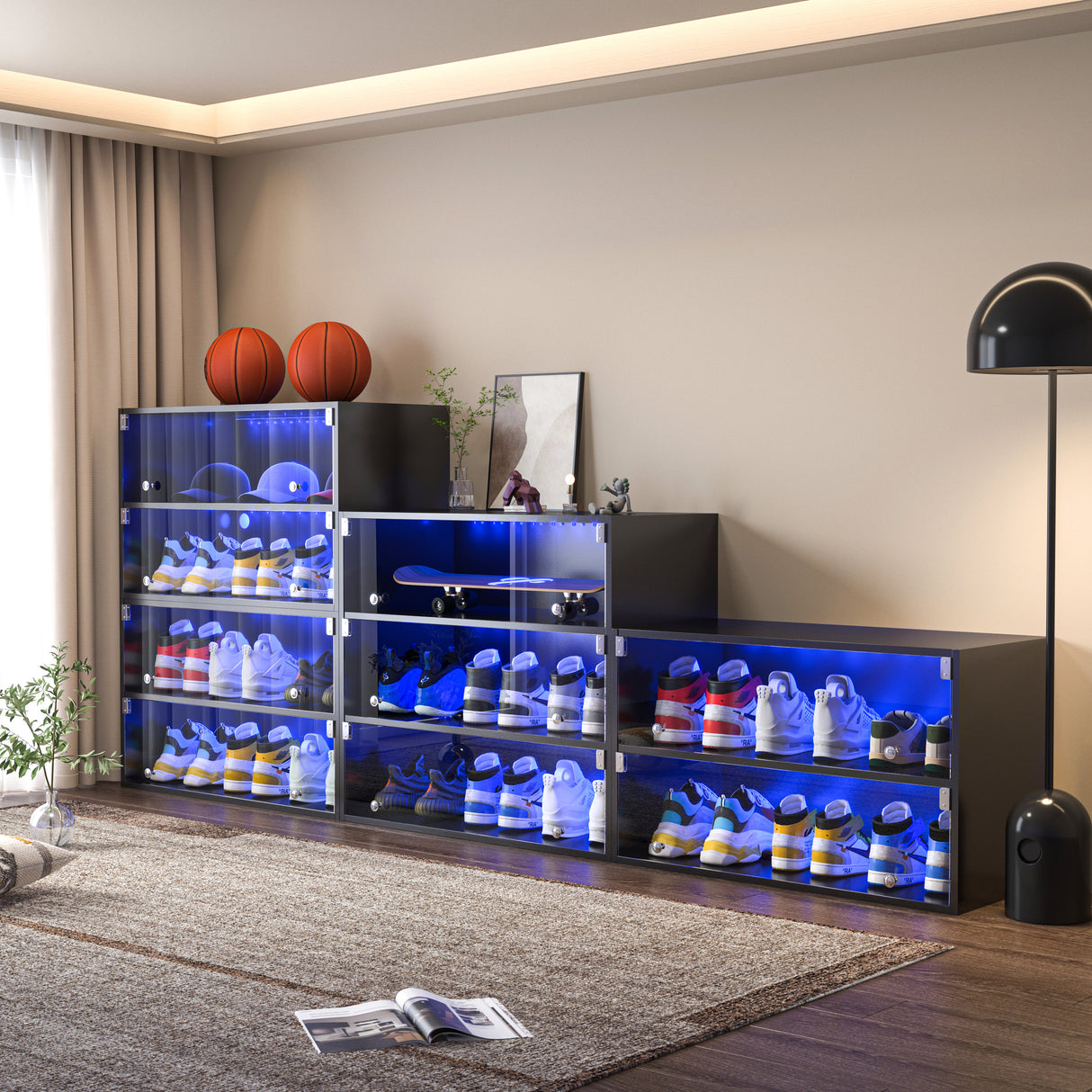 Black Glass Door Shoe Box Shoe Storage Cabinet For Sneakers With RGB Led Light - Julia M LifeStyles
