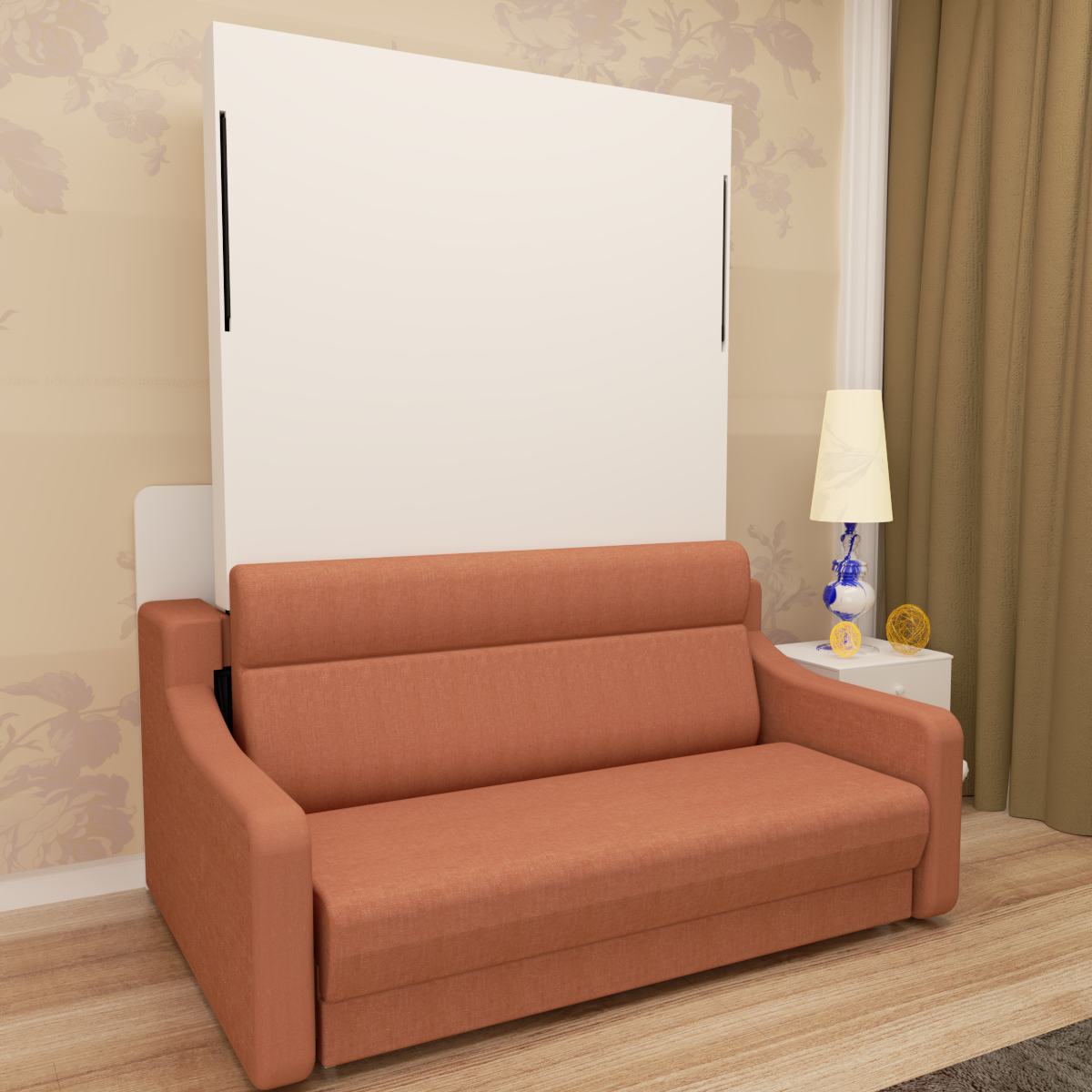 Full size Morden Deisgn vertical Murphy bed with sofa and drawers, white wall bed, space saving hidden bed with new gas pillars eprolo