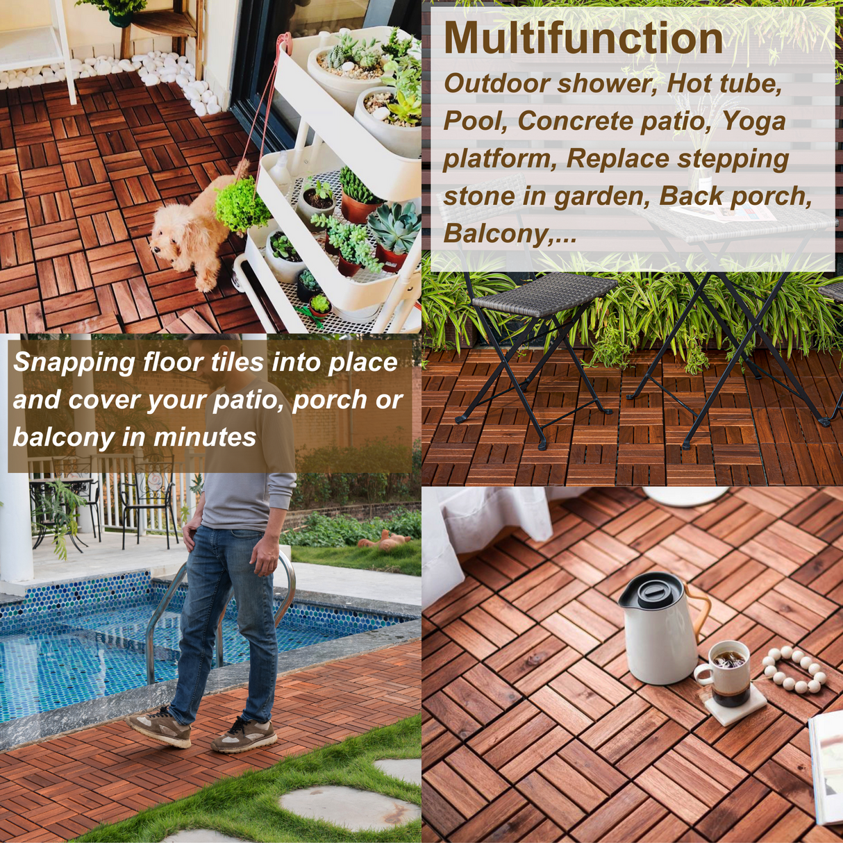 Acacia interlocking deck tile grid pattern, 10 pieces of 12 inch x 12 inch square brown Acacia hardwood outdoor flooring - Julia M LifeStyles