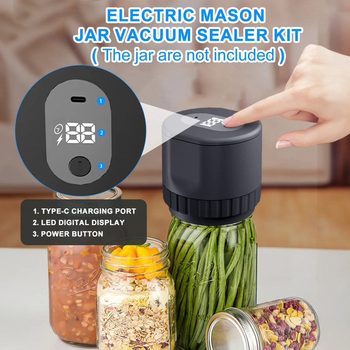 Electric Mason Jar Vacuum Sealer Kit Cordless Automatic Jar Sealer Kit for Food Storage and Fermentation with Mason Jar Lids - Julia M LifeStyles