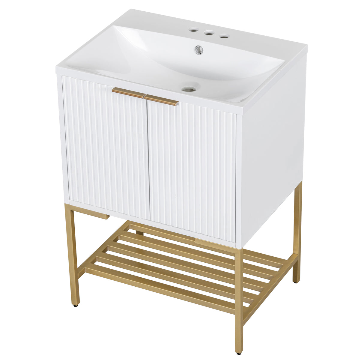 24" Bathroom Vanity with Sink, Bathroom Vanity Cabinet with Two Doors and Gold Metal Frame, Open Storage Shelf, White - Julia M LifeStyles