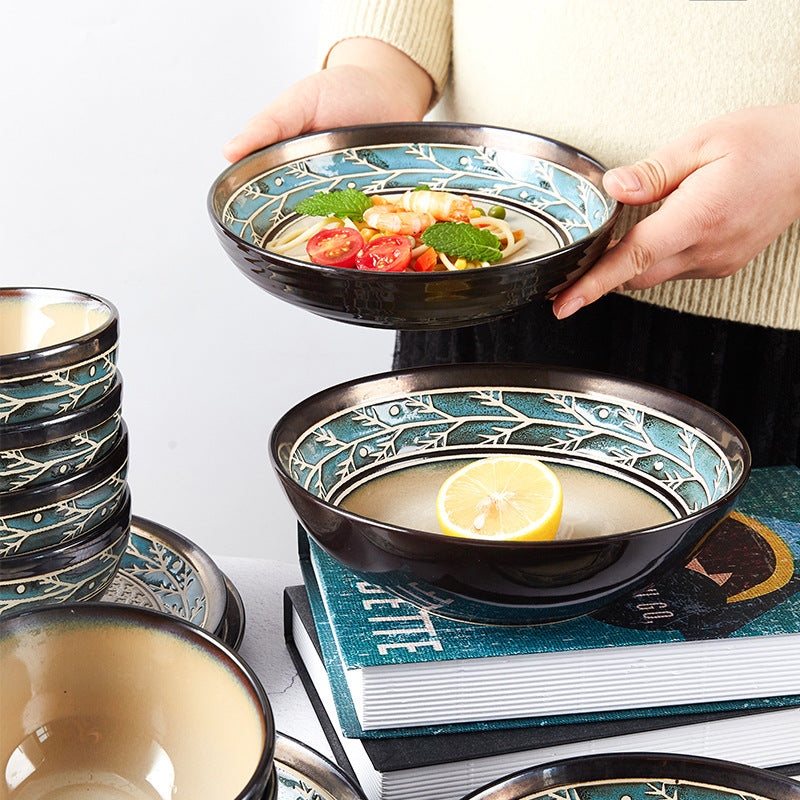 European Embossed Ceramic Tableware Set – Elegant Bowl & Plate Collection