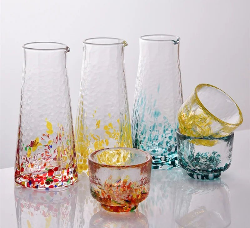 Crystal Colour Dot Hammer Pattern Sake Set with Bottle and 4 Cups - Julia M LifeStyles