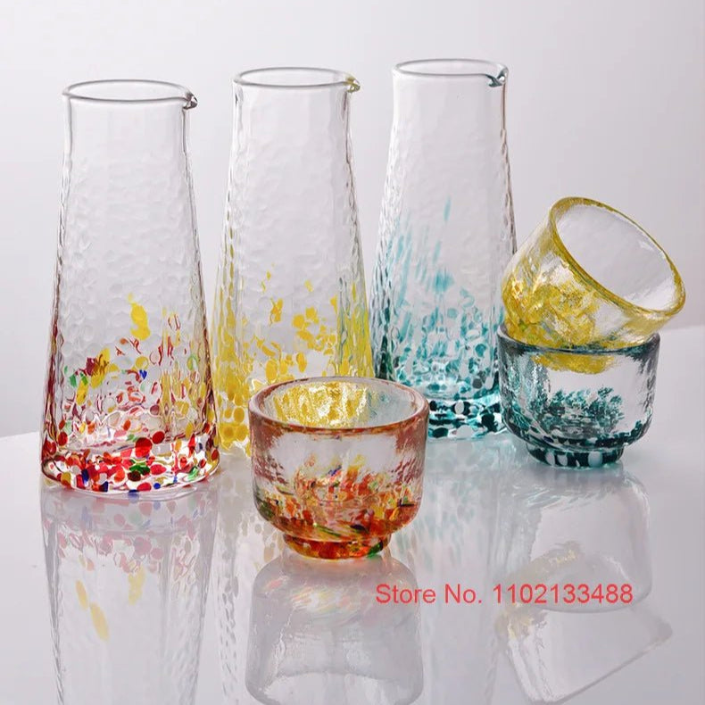 Crystal Colour Dot Hammer Pattern Sake Set with Bottle and 4 Cups - Julia M LifeStyles