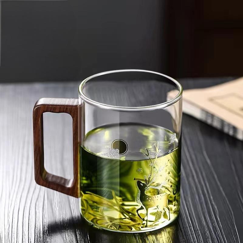 High end green tea cup with walnut handle and lid. High temperature resistant glass office drinking cup Julia M Home & Kitchen