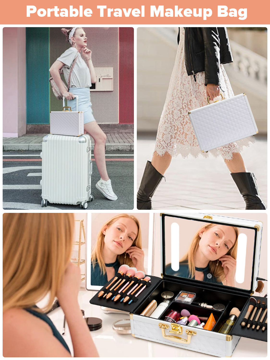 Portable makeup case, travel makeup bag with LED mirror, locked makeup storage box, brush holder, divider, rechargeable, white - Julia M LifeStyles