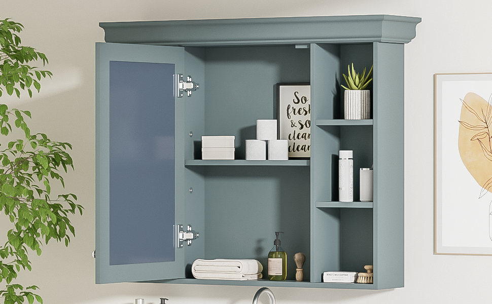 35 ''x 28' 'blue wall mounted bathroom storage cabinet with mirror door and medication cabinet with 6 open shelves Julia M Home & Kitchen