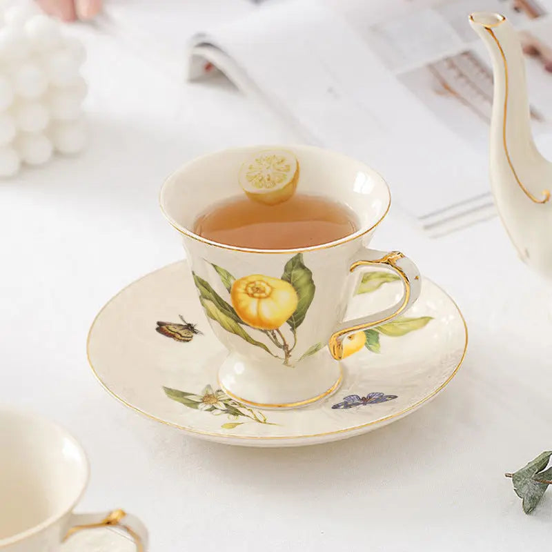 European - style Elegant Lemon Espresso Cups Set: Includes Tea Cups, Saucers, Ceramic Mugs, and a Dessert Plate eprolo
