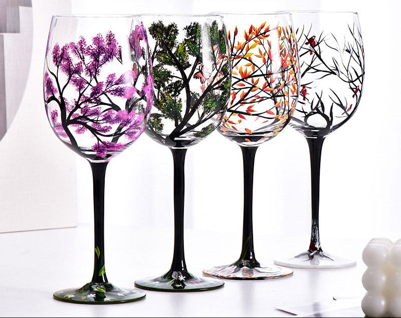 Hand-painted crystal glass wine goblet with four seasons design on premium heat-resistant crystal