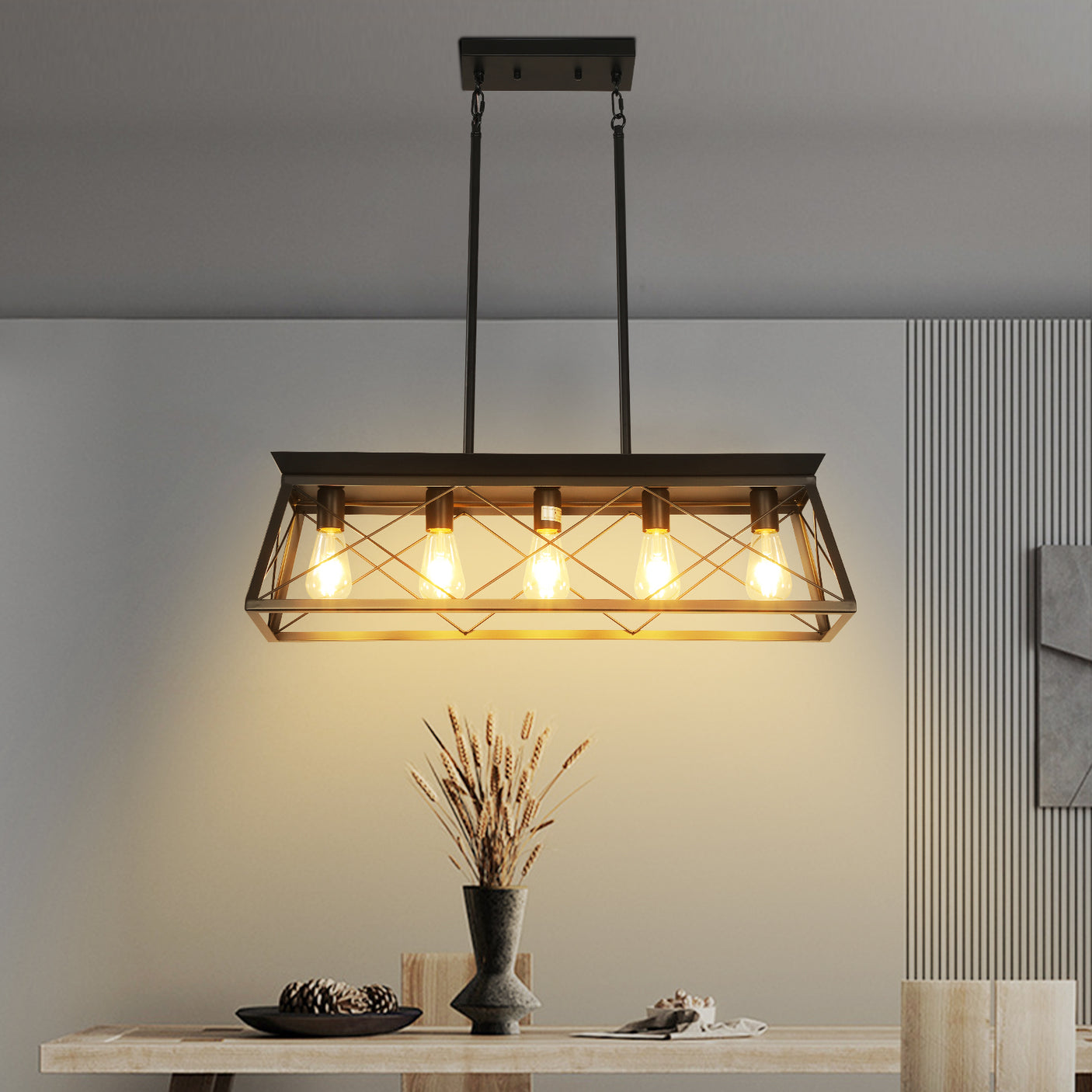 5-light farmhouse pendant light, metal pendant light island fixture, modern rectangular island light, pure black (no bulb) - Julia M LifeStyles