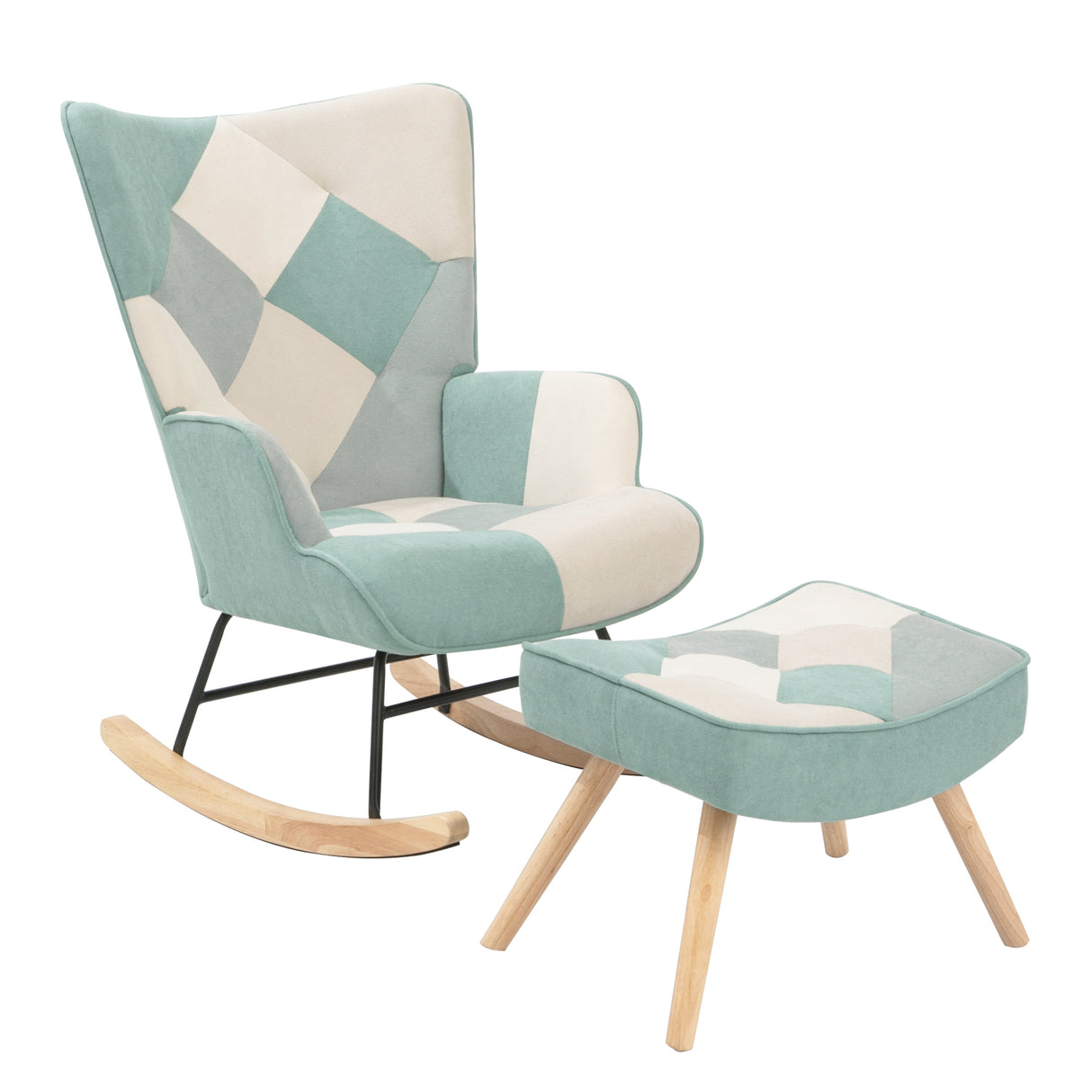 Rocking Chair with ottoman, Mid Century Fabric Rocker Chair with Wood Legs and Patchwork Linen for Livingroom Bedroom - Julia M LifeStyles