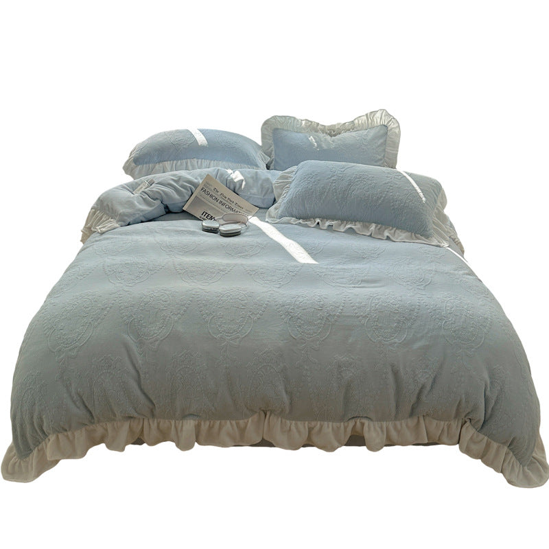 A-class ins princess style milk velvet four piece set lace carved velvet warm duvet cover winter bedding Julia M Home & Kitchen
