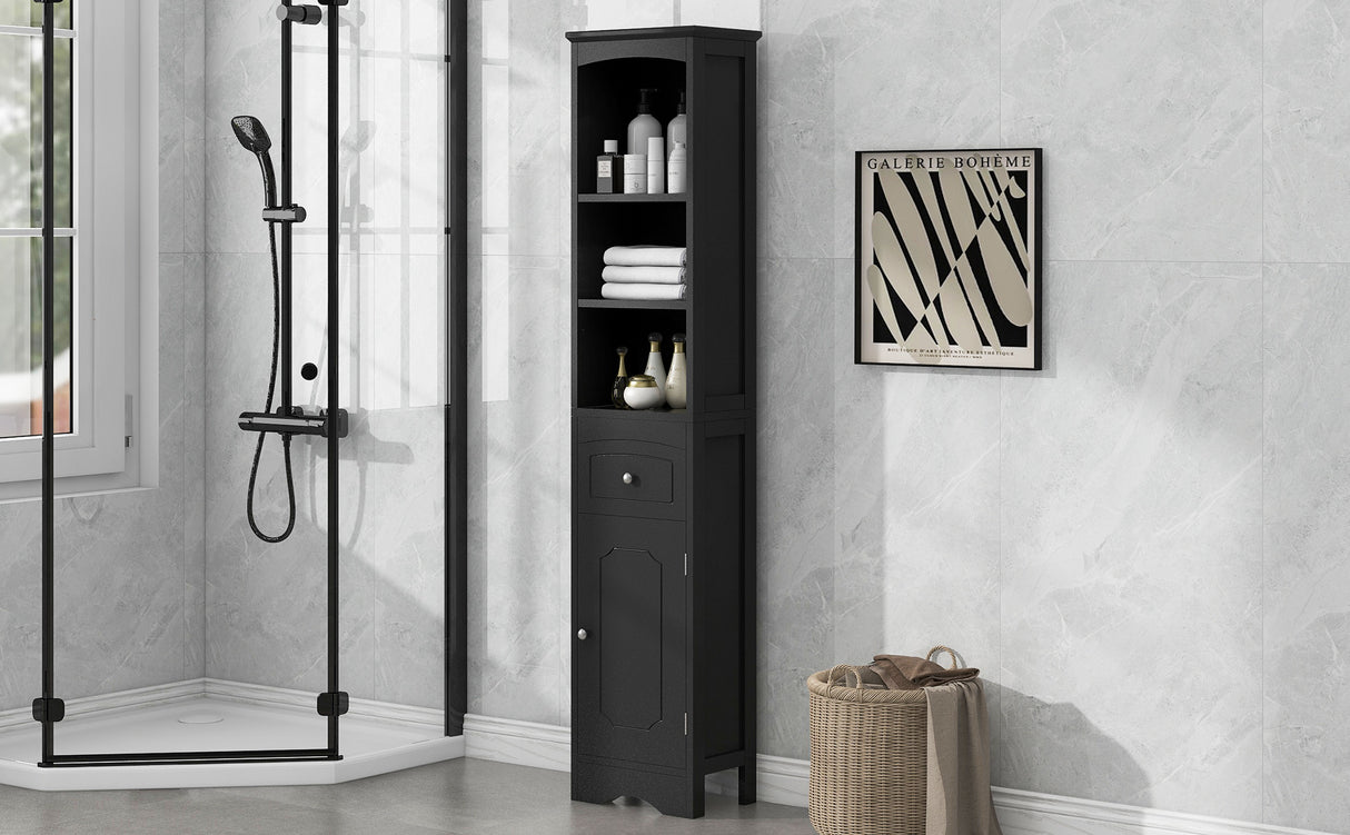 Tall Bathroom Cabinet, Freestanding Storage Cabinet with Drawer, MDF Board, Adjustable Shelf, Black - Julia M LifeStyles