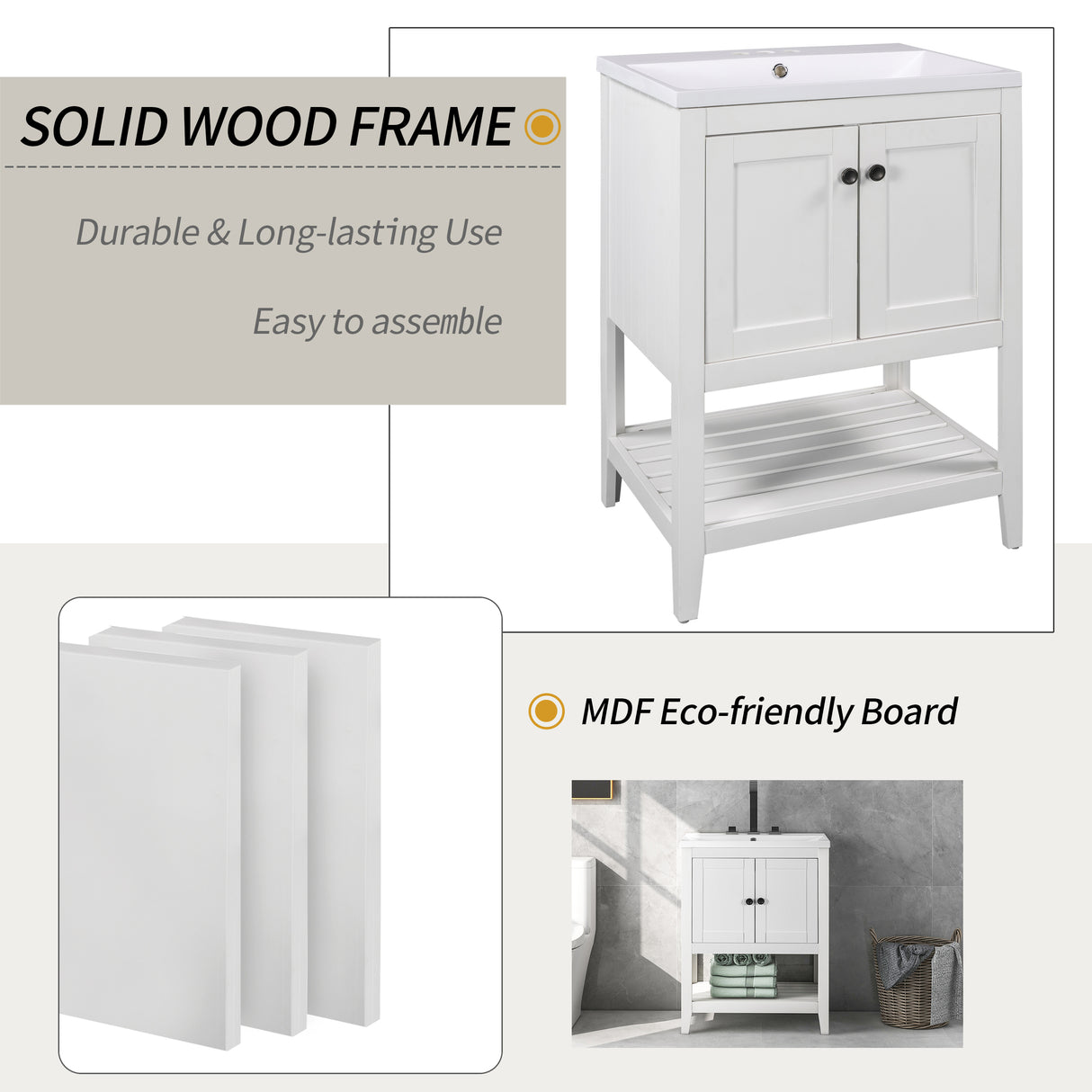 24" Bathroom Vanity Base Only, Soild Wood Frame, Bathroom Storage Cabinet with Doors and Open Shelf, White - Julia M LifeStyles
