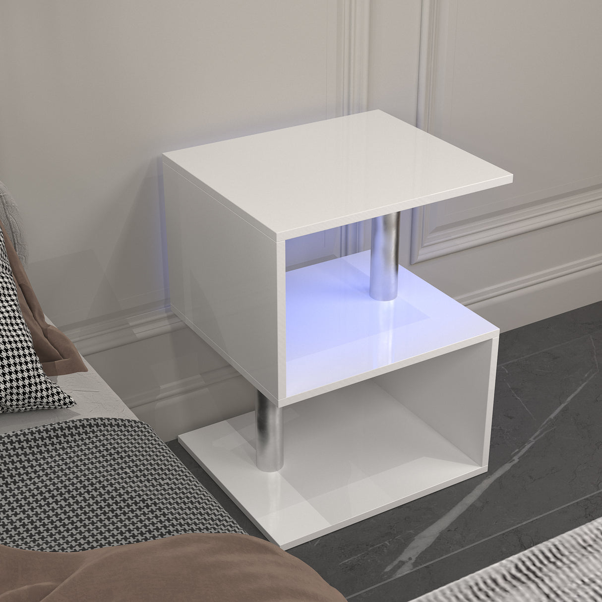 3-layer S-shaped coffee table, high gloss side table with open storage rack and USB power supply, white LED coffee table - Julia M LifeStyles