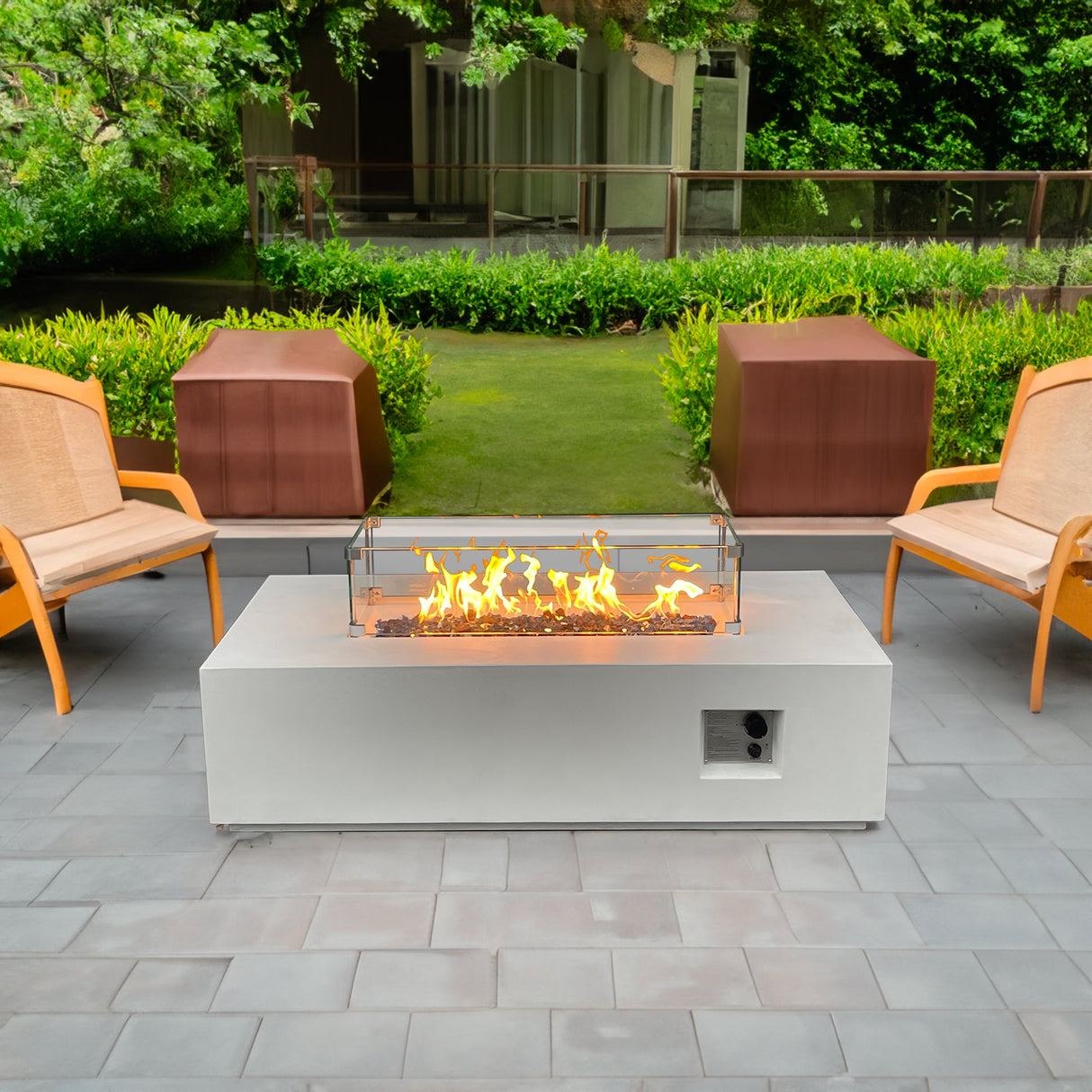 52 Inch Outdoor Concrete Propane gas rectangle Fire Pit table in Antique white color - Julia M LifeStyles