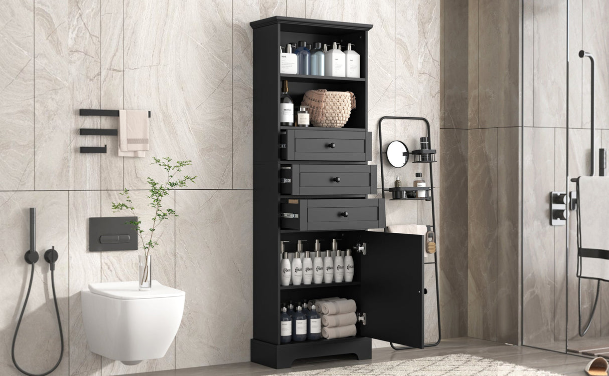 Black high storage cabinet with 3 drawers and adjustable shelves, MDF board painted eprolo
